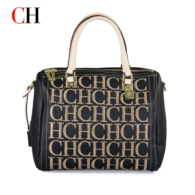 Embroidery Removal - CH 刺繍文字ボストンバッグ女性ブラック PU レザーハンドバッグゴールドロック取り外し可能なストラップ旅行クロスボディショルダー財布