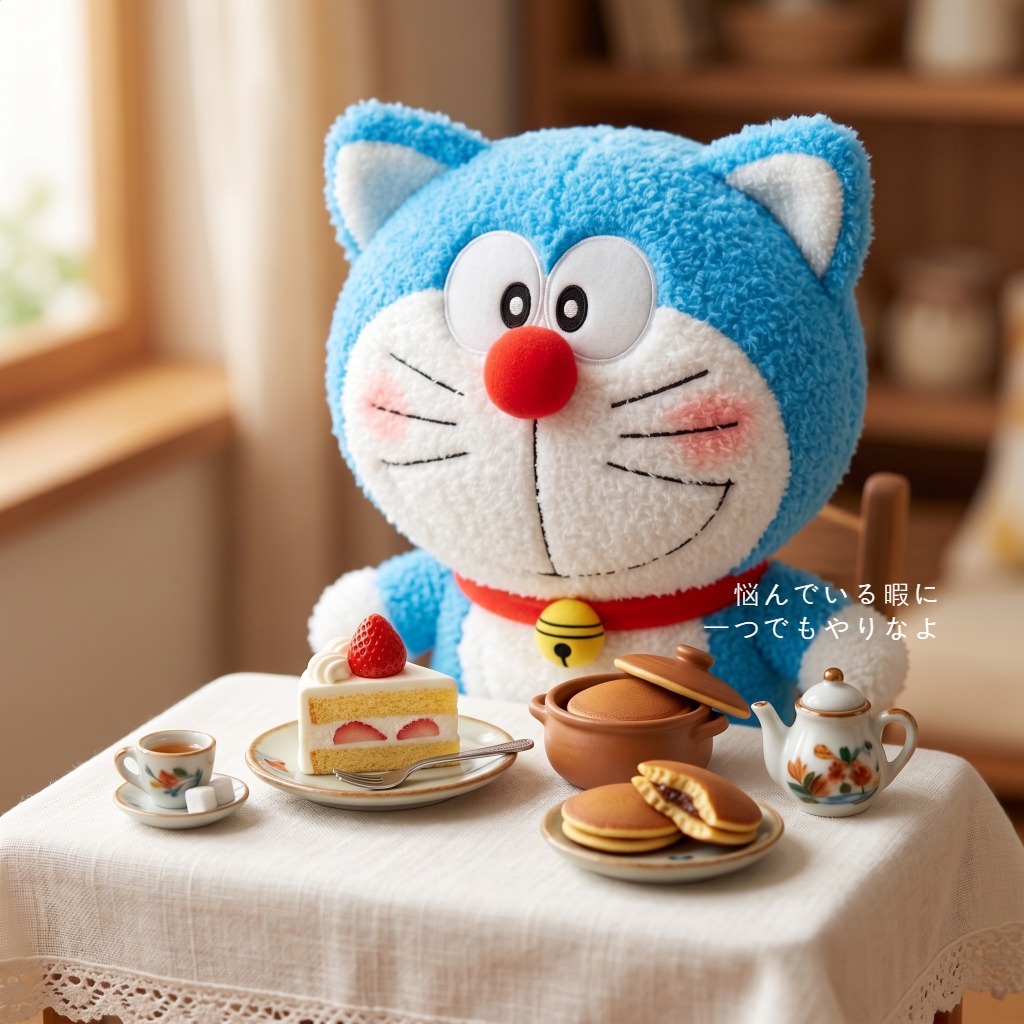 Embroidery Design Love - かわいいバースデーバージョンのドラえもんぬいぐるみ、刺繍された足跡デザインのおもちゃ、アニメファンへの素敵な誕生日プレゼント
