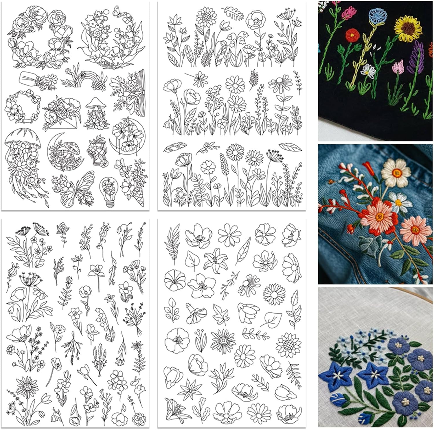 Embroidery Design Patterns Flowers - ORIGACH 4枚入り水溶性刺繍用下地シート - 花柄、開花する低木と葉のデザインがプリント済み - 貼り付け可能