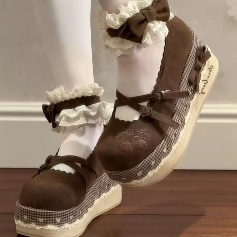 Embroidery Lace - ロリータハイヒール身長アップ厚底ローシューズ レディース 2026年新作 可愛いメリージェーンプラットフォームシューズパンプス