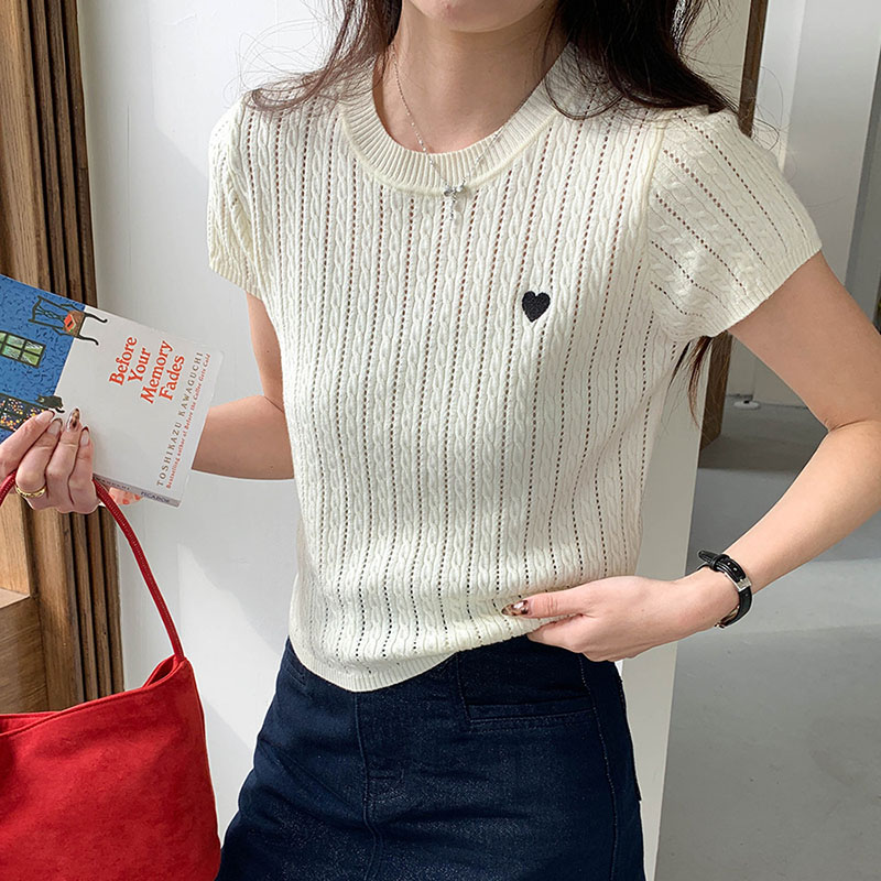 Embroidery Design Love - 女性 Tシャツ ラウンドネック 半袖 ラブ刺繍パターン 中空ニットデザイン