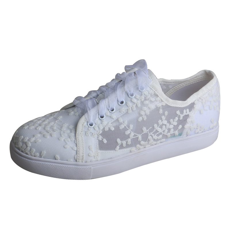 Embroidery Lace - Wedopus ホワイトスニーカー女性用フラットブライダルシューズレーススポーツシューズ快適なカジュアルシューズレースアップ 2 センチヒール