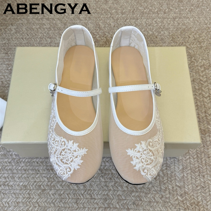 Embroidery Lace - レース刺繍フラットシューズ女性のための 2026 夏バレエダンスウォーキングシューズ女性ファッションデザイナーメッシュローファーフラットシューズ Mujer