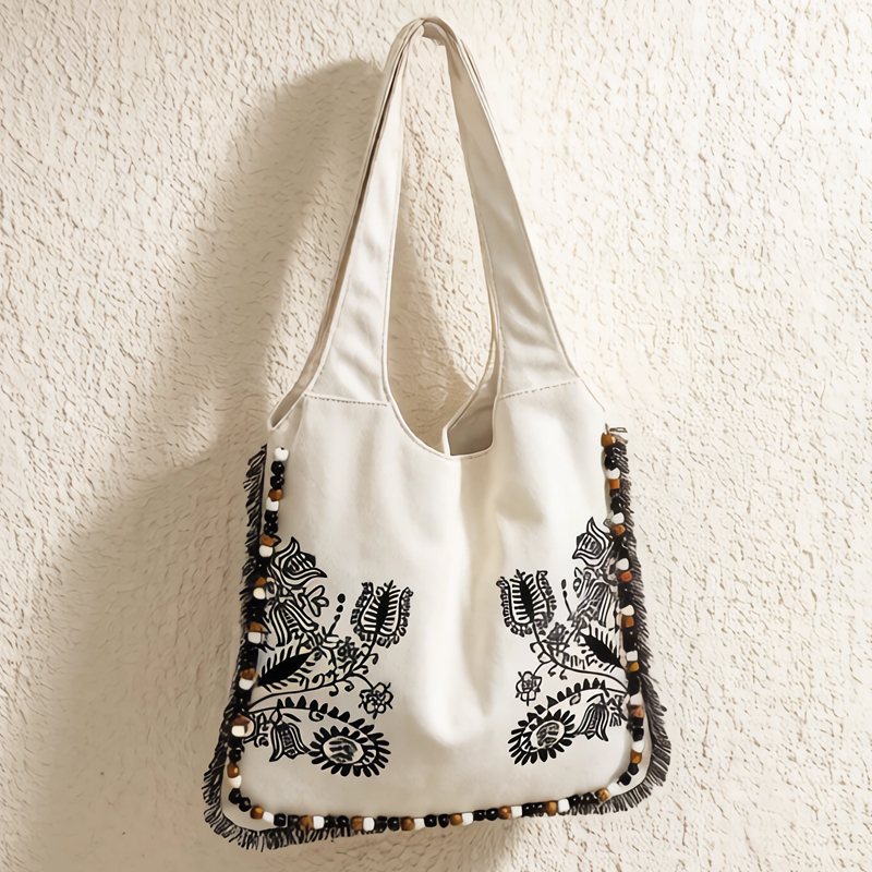 Embroidery Design Patterns Flowers - ボヘミアンキャンバストートバッグ女性のための高級デザイナーハンドバッグと財布2026新しいタッセルビーズフラワーパターン脇の下ショルダー