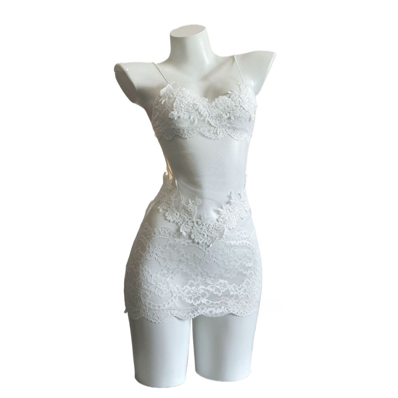 Embroidery Lace - セクシーなレース刺繍ストラップレスドレス女性メッシュシースルー寝間着背中の開いた下着ロールプレイ衣装女の子中空ランジェリー