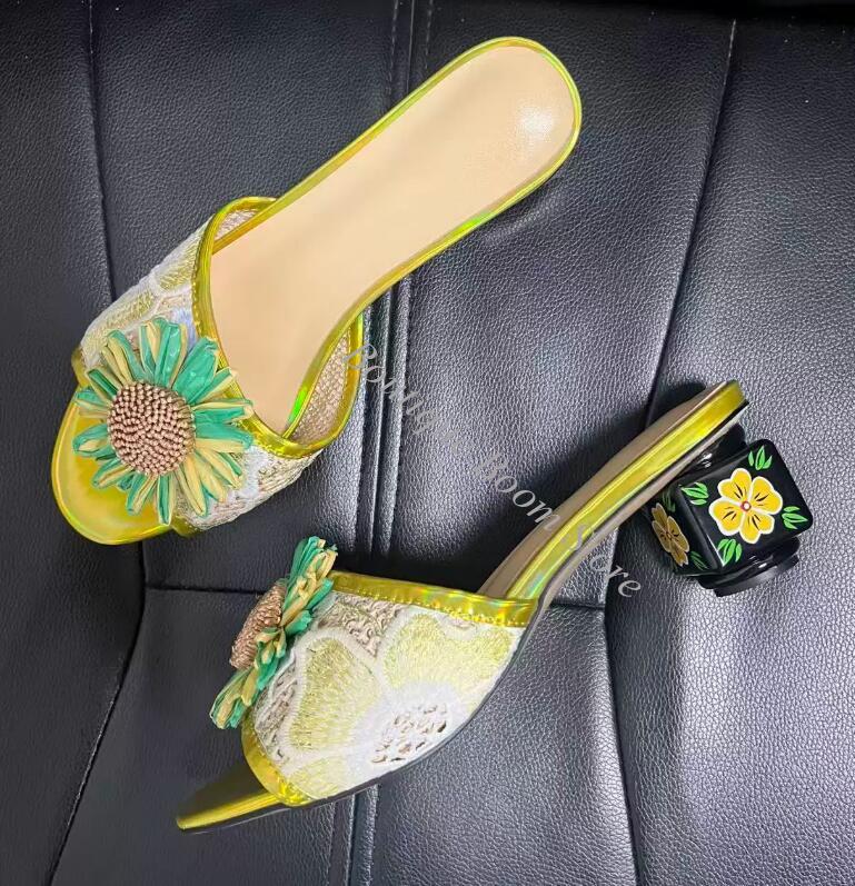 明るいひまわりの花柄刺繍レーススリッパサンダル レディース  - Embroidery Lace のレビューと価格