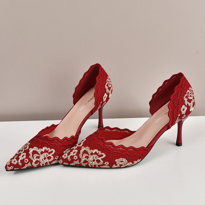 高級赤白レース刺繍ハイヒール花嫁靴女性ブランドデザインポイン - Embroidery Lace のレビューと価格