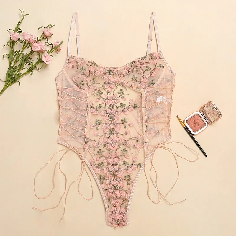 女性のセクシーなランジェリーボディスーツ花柄プリント刺繍透明 - Embroidery Lace のレビューと価格