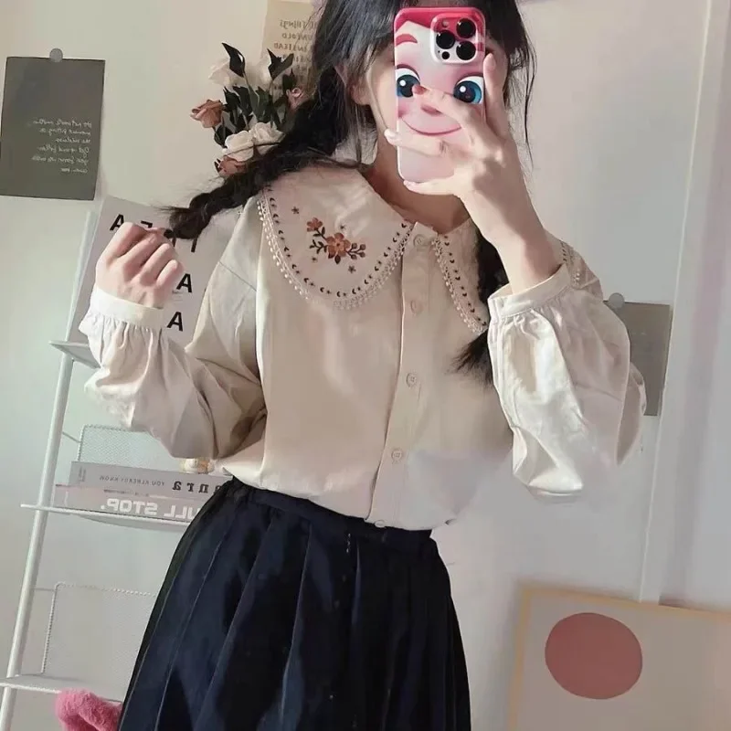 シャツ女性日本スタイル刺繍デザイン素敵なピーターパン襟ブルー - Embroidery Design Love のレビューと価格